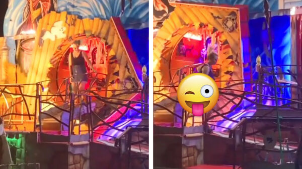 Kermisganger in kort rokje wordt verrast door een plaatselijk windje in funhouse