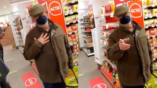 Man spreekt mondkapjesloze mondkapjesweigeraar aan in supermarkt