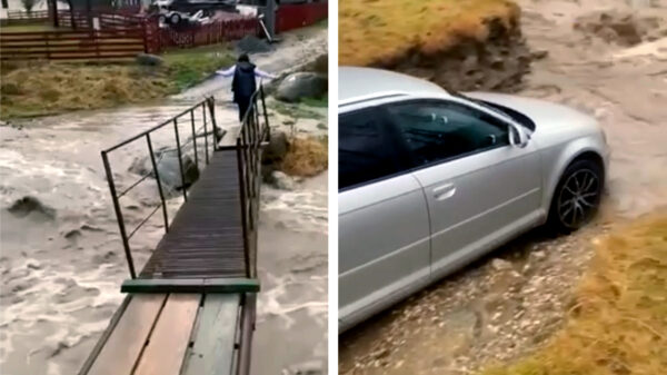 Waarom zou je ook niet oversteken als de weg compleet is overstroomd?