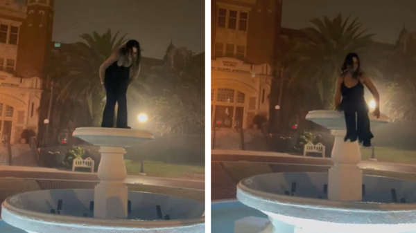 Plons: Gina gaat kopje onder als ze van een fontein wil klimmen