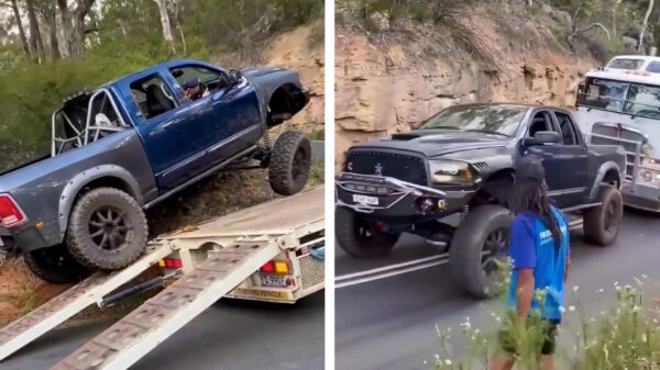Pick-up blijkt sterk genoeg om complete vrachtwagen met aanhanger te slepen
