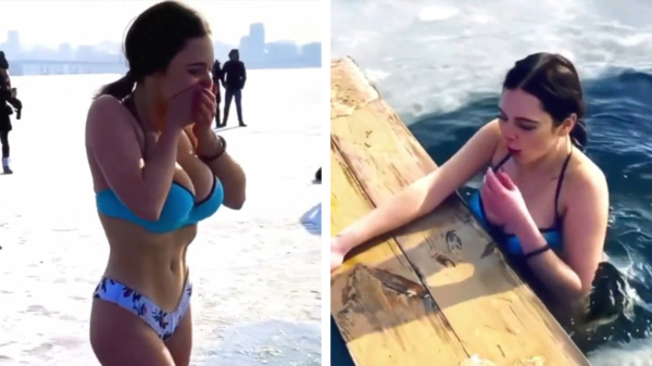 Brrr! Russische matroesjka laat zich dompelen in ijskoud water