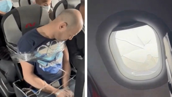 Dronken passagier vastgebonden op stoel nadat hij een vliegtuigraampje inslaat