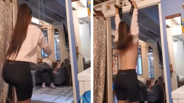 Samantha heeft een behoorlijke wardrobe malfunction tijdens het sporten