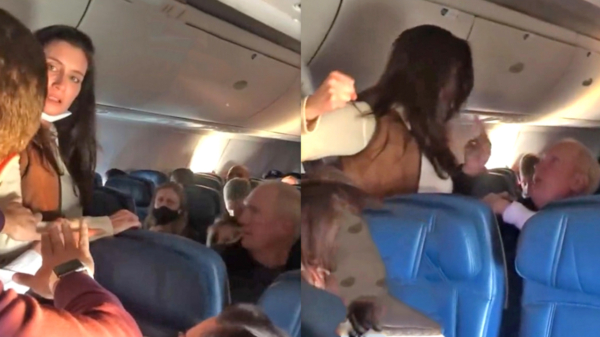 Karen slaat en bespuugt oude man tijdens vlucht omdat hij geen mondkapje draagt