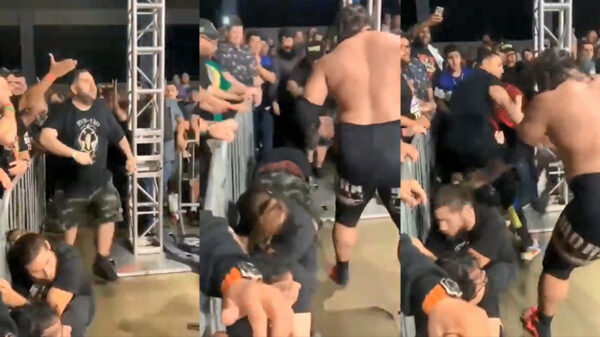 Fan wordt door worstelaar in elkaar gebeukt als hij over de vangrail klimt