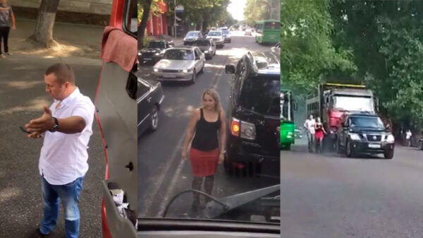 Verkeersruzie in Kazachstan wordt door vrachtwagenchauffeur uiterst professioneel opgelost