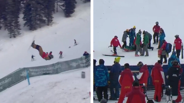 Skiër George McQuinn stabiel nadat hij crasht en bewusteloos de finish overglijdt
