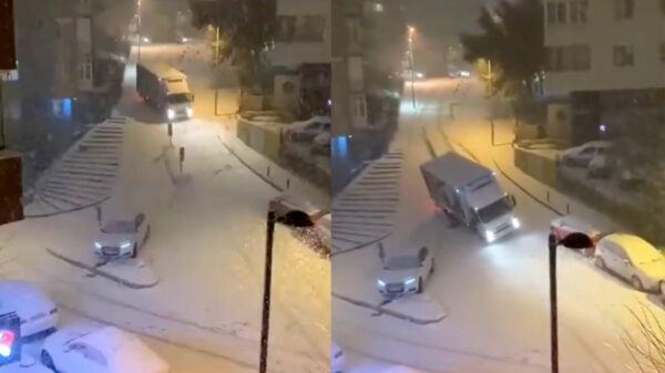 Audi-bestuurder heeft broekpoepmomentje als een vrachtwagen op hem af komt glijden