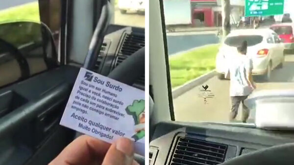 Oplichter aangepakt: dove man vraagt ​​om geld bij het stoplicht