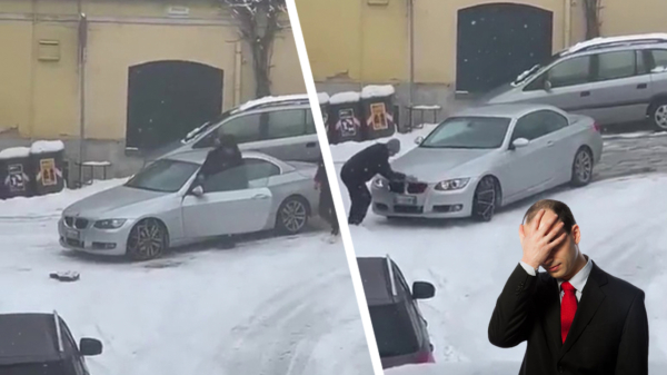 Doh: gelukkig heeft deze uitgeslapen BMW-bestuurder sneeuwkettingen