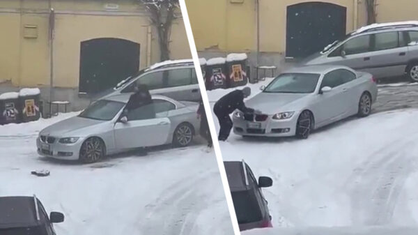 Doh: gelukkig heeft deze uitgeslapen BMW-bestuurder sneeuwkettingen