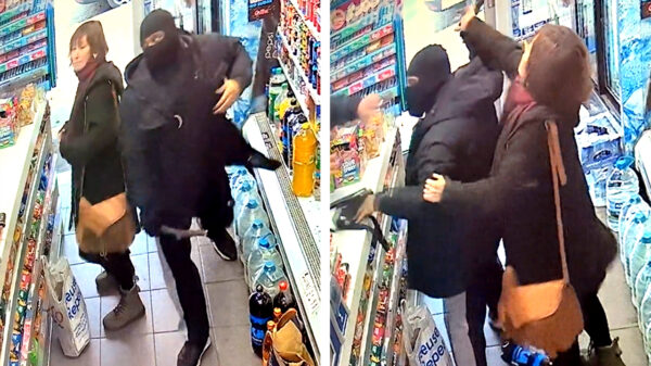 Dappere vrouw in Londen werkt meszwaaiende overvaller de winkel uit