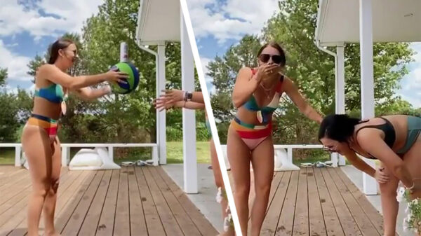 Vriendinnen proberen 't trucje met een basketbal en een blikje bier