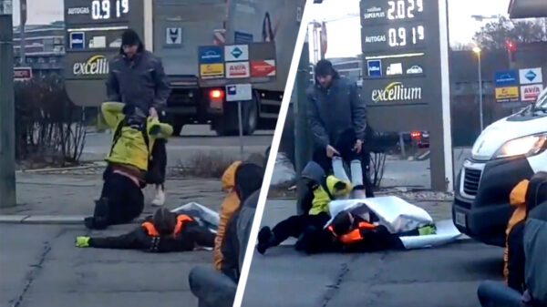 Duitser heeft genoeg van demonstranten en trekt ze eigenhandig de weg af