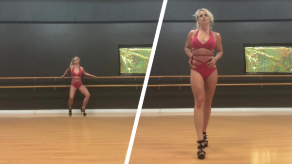 Britney is volop in training en oefent haar danspasjes in een kittig rood pakje