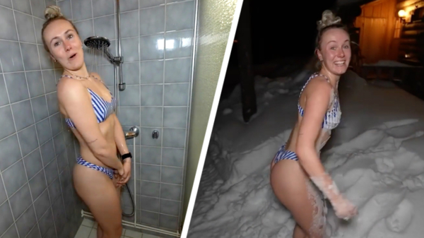 Myron Koops, de vriendin van Enzo Knol, neemt een ijskoude sneeuwduik in Lapland