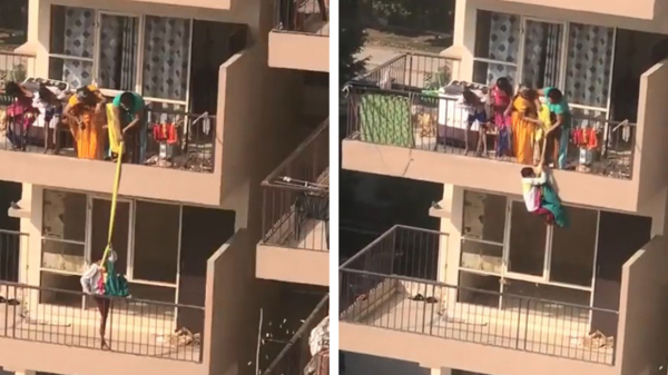 Moeder van het jaar slingert kind van de 9e verdieping om iets te pakken bij onderburen