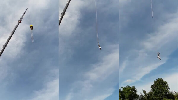 WTF: veiligheidsharnas glijdt van man af tijdens bungeejump in Polen