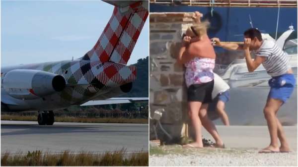 Toeristen worden fijn gezandstraald als vliegtuigen van extreem dichtbij opstijgen