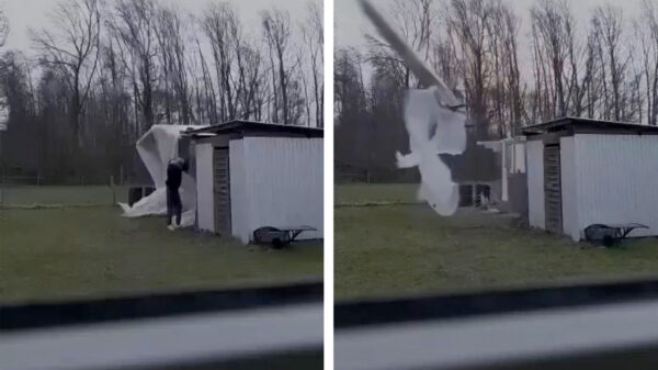 Man probeert zijn schuurtje te redden maar wordt zelf de lucht in geslingerd