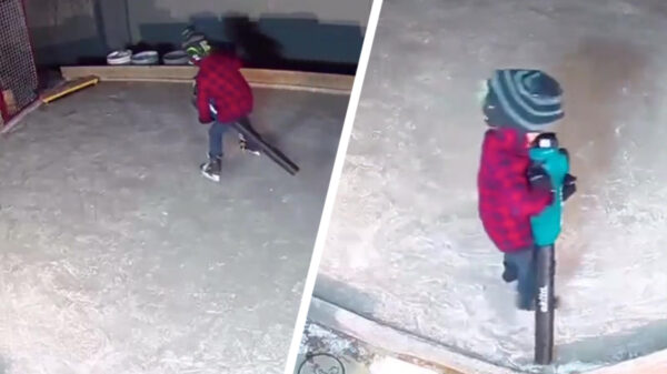 Schaatsende koter heeft de dag van zijn leven met een bladblazer