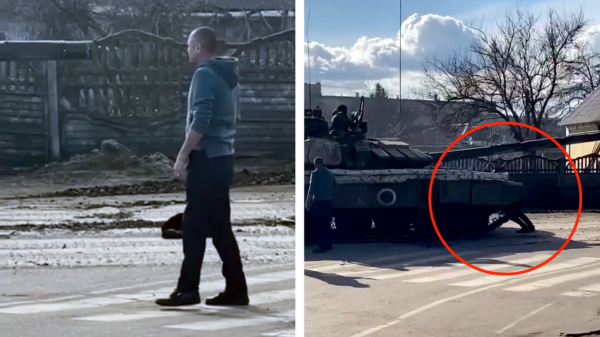 Oekraïense burgers proberen in Bakhmach Russische tanks tegen te houden