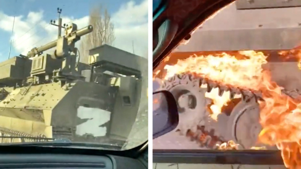 Oekraïeners dumpen molotovcocktails vanuit een rijdende auto op Russische tanks