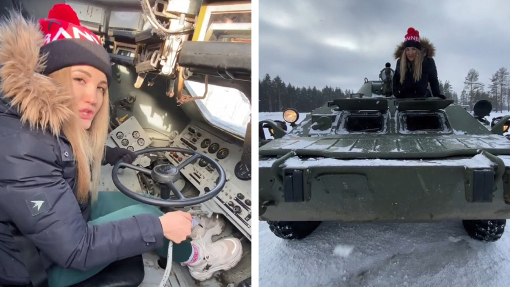 Influencer Nastya Tuman laat zien hoe je een verlaten Russische pantserwagen bestuurt