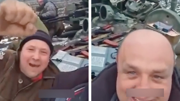 Lekker gewoon gebleven: Oekraïense soldaten eten een pizza terwijl ze een joyride maken op een gejatte Russische tank