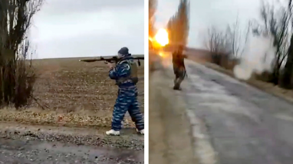 Oekraïense burgers vallen Russische pantservoertuigen met raketwerpers aan