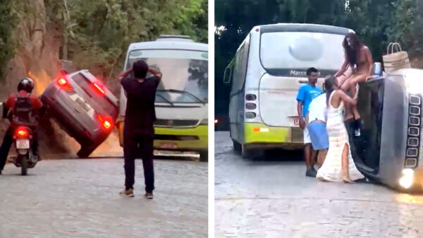 Iets te ongeduldige verkeershufter dacht bus via de wand te kunnen passeren