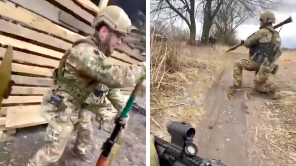 Beelden van Oekraïense strijdkrachten die twee Russische tanks in hinderlaag lokken