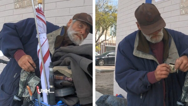 Feelgoodvideo van de dag: een dakloze bejaarde om wat geld vragen