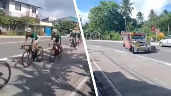 Wielrenners knallen VOL tegen tegemoetkomende jeepney tijdens de 'Ronda Pilipinas'
