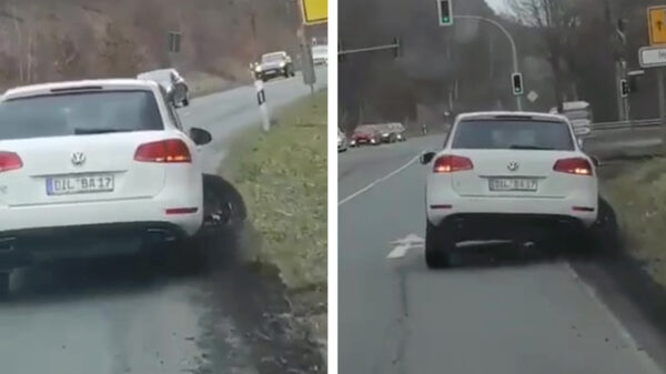 Duitse dombo blijft gasgeven, ook al ligt het complete achterwiel ernaast