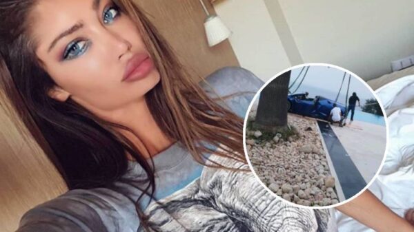 Playboymodel (en ex van Neymar) Soraja Vucelic rijdt dikke Lambo het zwembad in