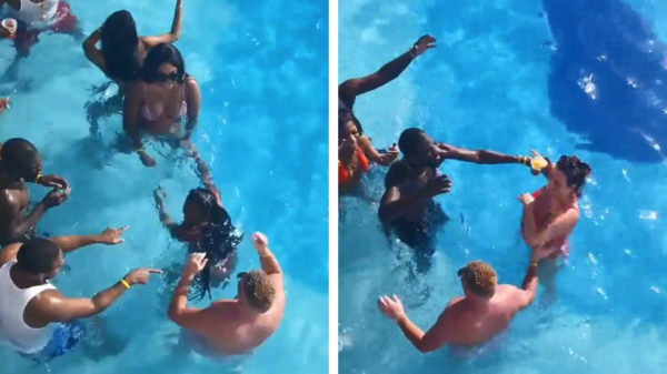 Jaloerse vriendin is vrij snel overgehaald tijdens dit foute zwembadfeestje