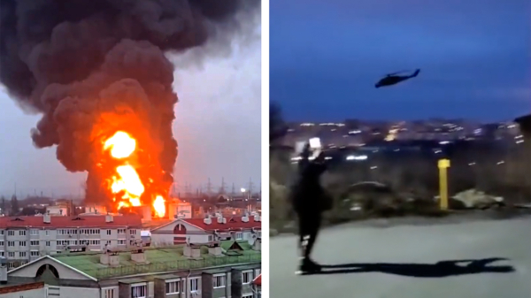 Beelden van brandend oliedepot in Rusland dat door twee (Oekraïense) helikopters aangevallen zou zijn