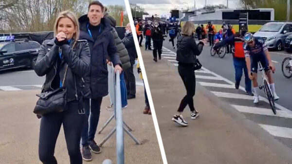 Vriendin Mathieu van der Poel wacht hem op na zijn epische zege in de Ronde van Vlaanderen