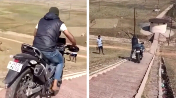 Stef Stuntpiloot pakt die irritante en veel te lange trap gewoon met zijn motor