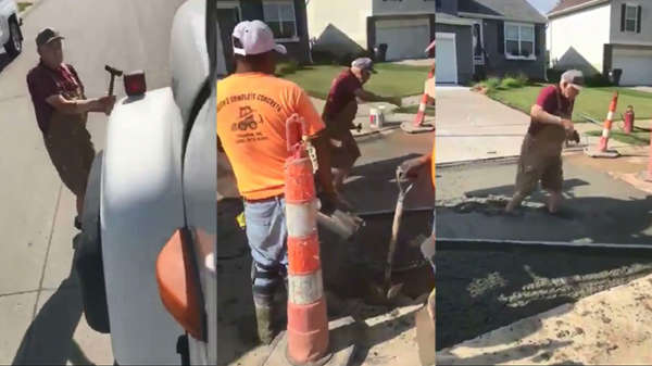 Karma voor pissige bejaarde die geparkeerde cementwagen met zijn hamer sloopt