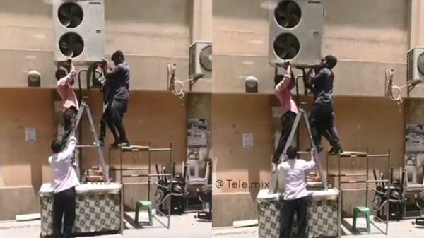 Indiase Buurman en Buurman hebben ietwat moeite met het installeren van airco