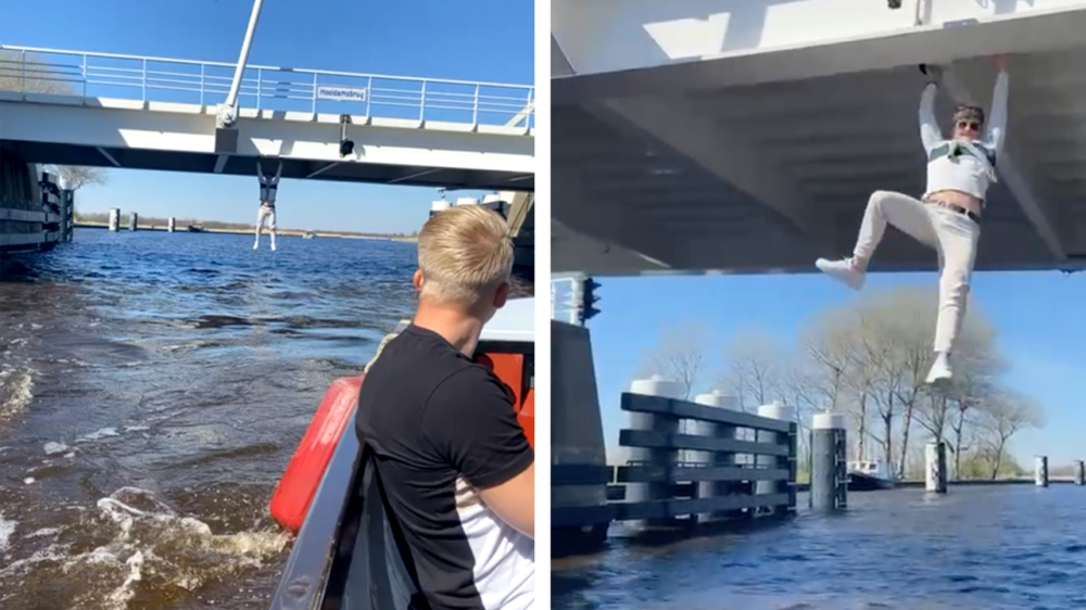 Ouderwetse brughanger haalt op Eerste Paasdag een nat pak in het Friese Oudega