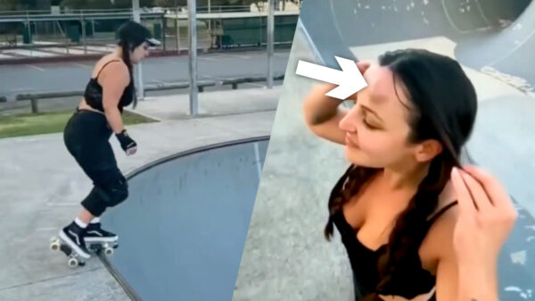 Sportieve rolschaatster maakt pijnlijke faceplant in een skatepool