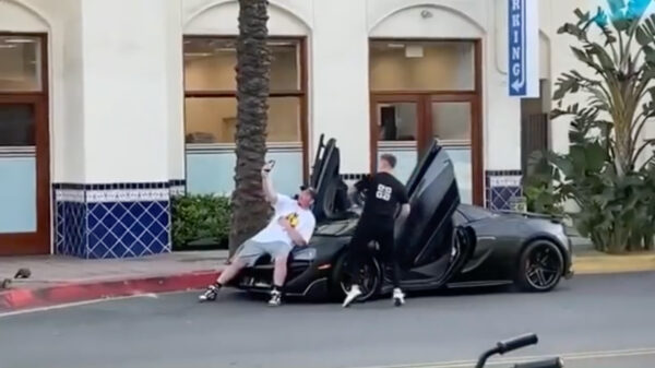 Zatlap gaat bovenop McLaren liggen om foto te maken, eigenaar beukt 'm eraf