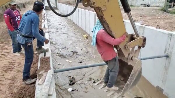 Hond in Ecuador wordt met graafmachine uit kolkende stroom water gered