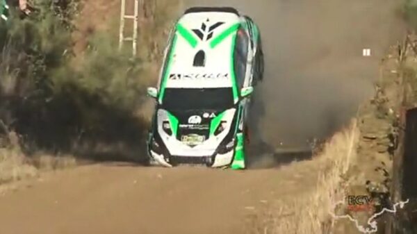 Klein hobbeltje loopt de hufter uit te hangen tijdens een rally