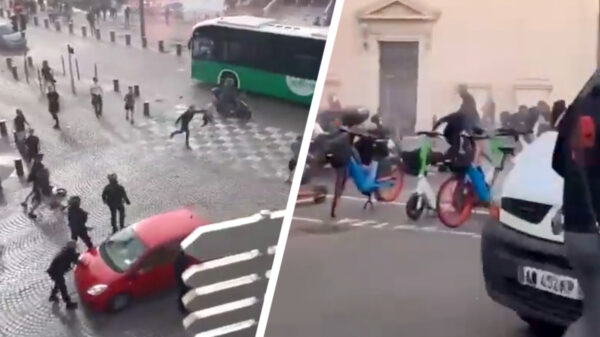 Fans van Feyenoord en Marseille meppen er op los en bekogelen elkaar met vuurwerk