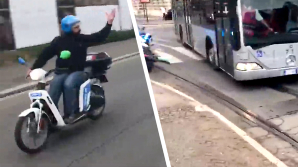 Roma-fan op scooter scheldt bus Leicester City-fans uit en crasht vol op een auto
